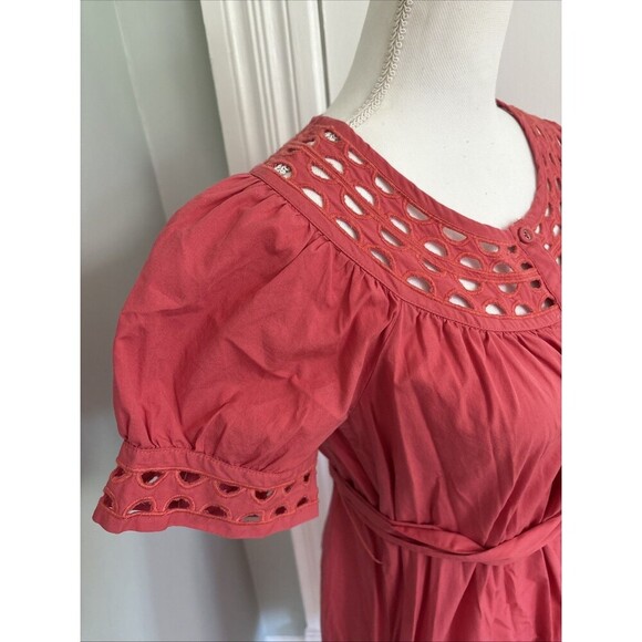 Elle Coral Peach Eyelet Cotton Button down Smock Dress Size small - Picture 2 of 6
